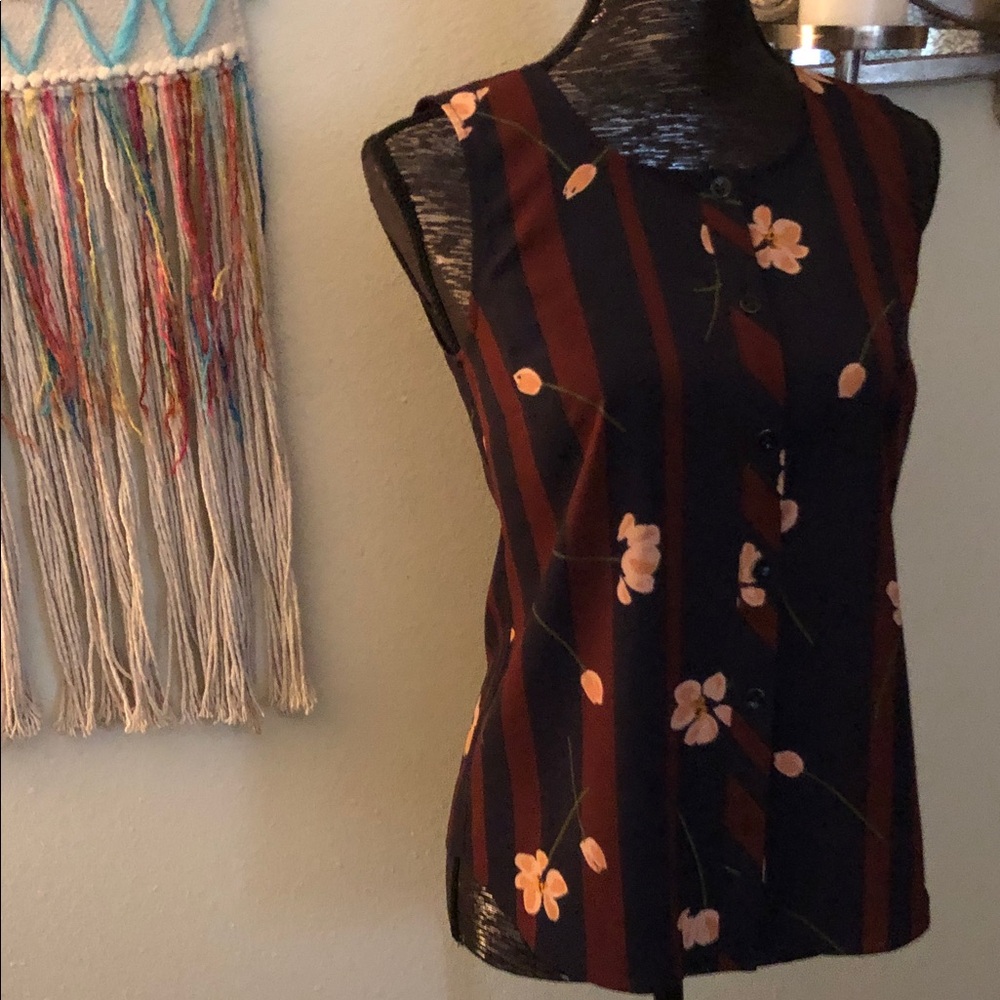 Cabi Navy and Red Floral Button-Up Blouse